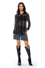 RUMI FACES SHEER BUTTON DOWN BLOUSE