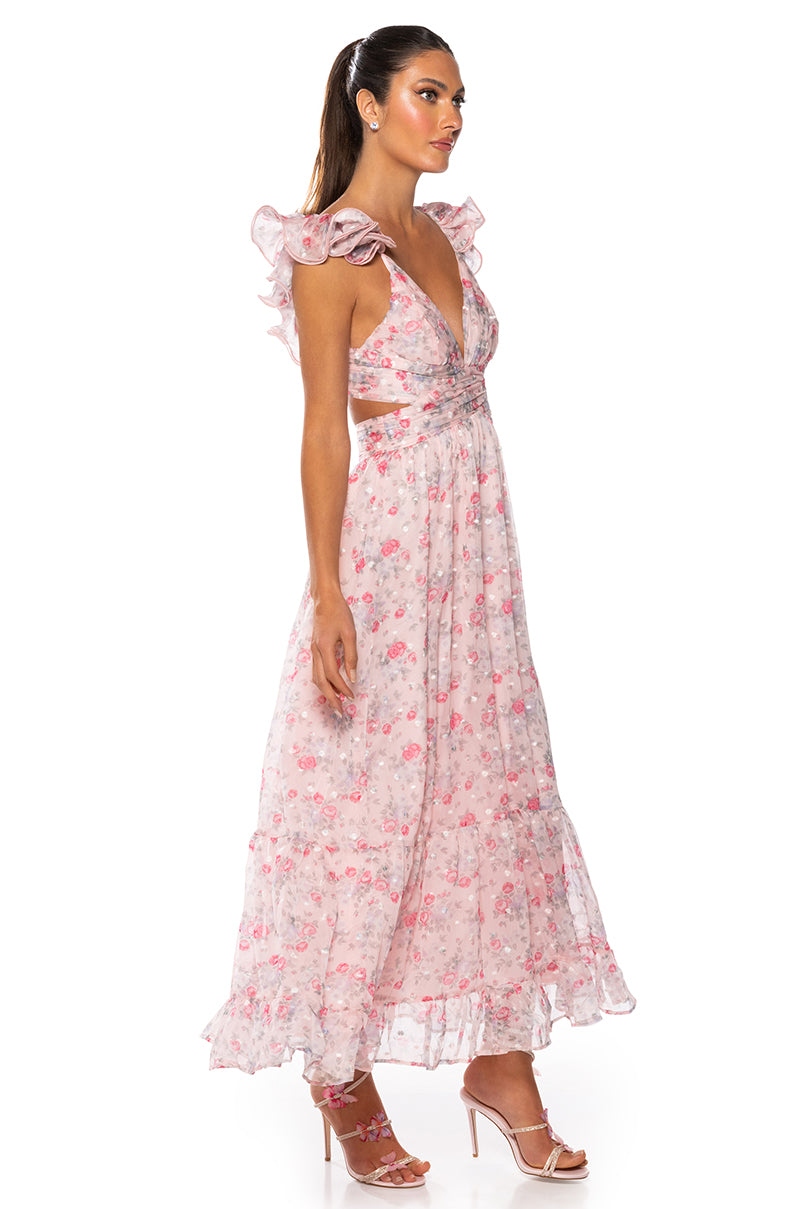 RUNAWAY RUFFLE FLORAL MAXI DRESS