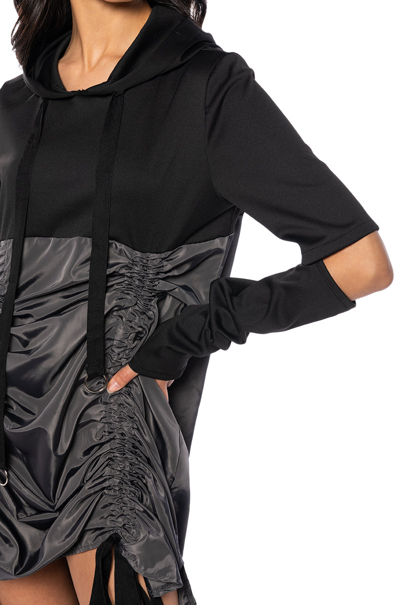 RUNNING AROUND CINCHED HOODIE DRESS IN BLACK