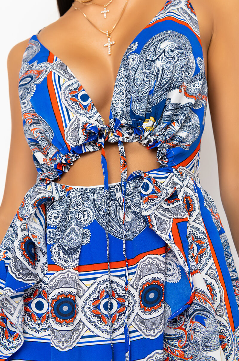 SAMMIE SCARF PRINT MAXI DRESS WITH CUT OUT
