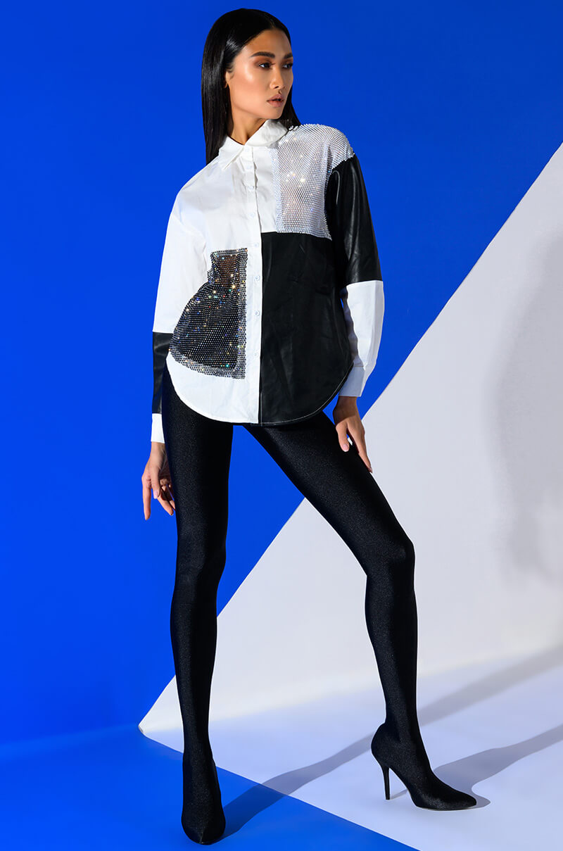 SAY IT AGAIN BUTTON UP BLOUSE WITH RHINESTONE TRIM
