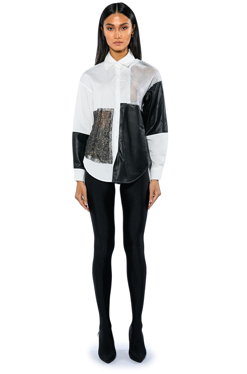 SAY IT AGAIN BUTTON UP BLOUSE WITH RHINESTONE TRIM