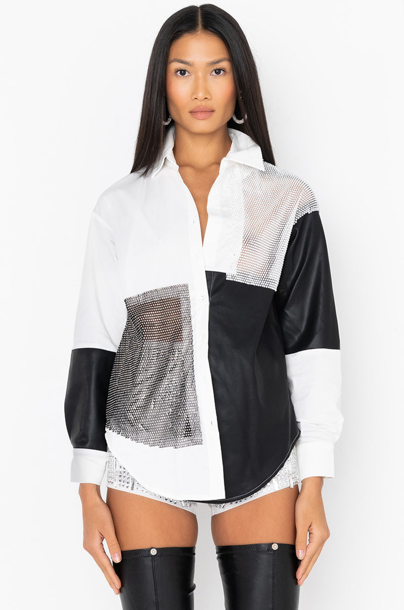 SAY IT AGAIN BUTTON UP BLOUSE WITH RHINESTONE TRIM