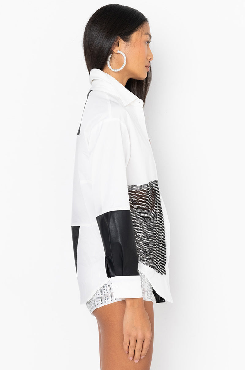 SAY IT AGAIN BUTTON UP BLOUSE WITH RHINESTONE TRIM