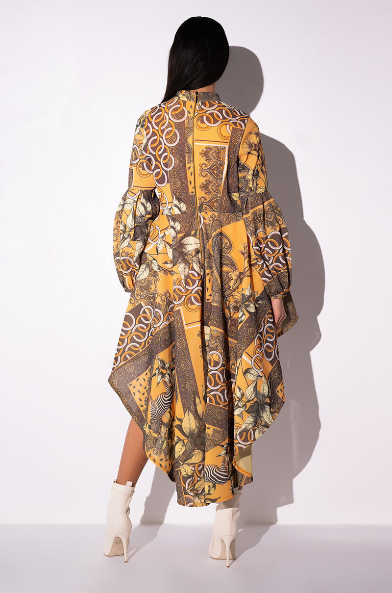 SCARF PRINT HIGH LOW LONG SLEEVE DRESS