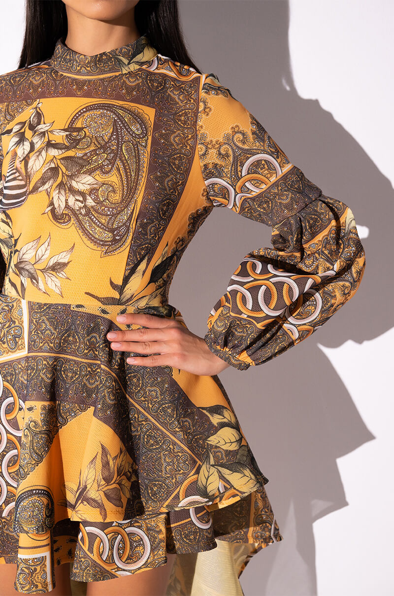 SCARF PRINT HIGH LOW LONG SLEEVE DRESS