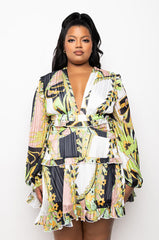 SCARF PRINT LACE BACK DRESS