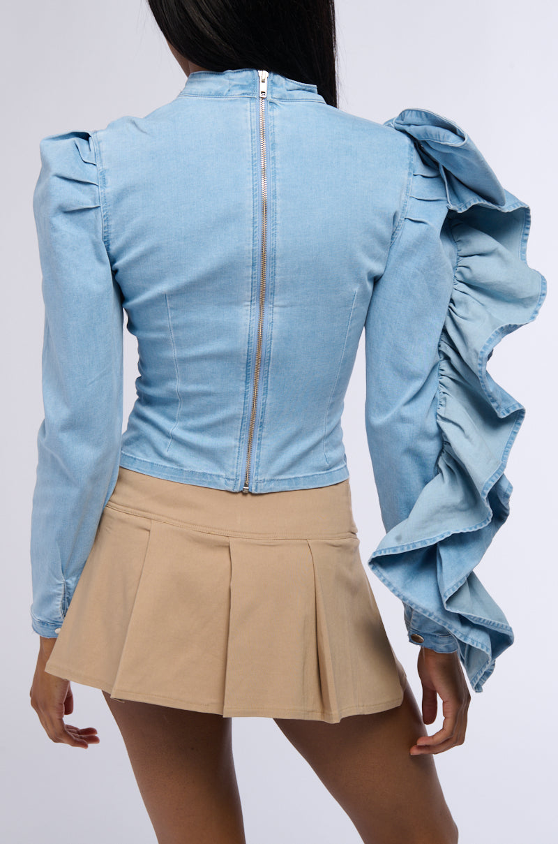 SEIZE THE DAY LONG SLEEVE FLOUNCE DENIM TOP