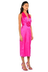 SERENDIPITY SATIN HALTER NECK MIDI DRESS