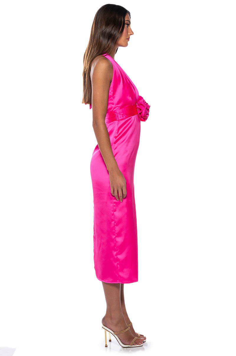 SERENDIPITY SATIN HALTER NECK MIDI DRESS