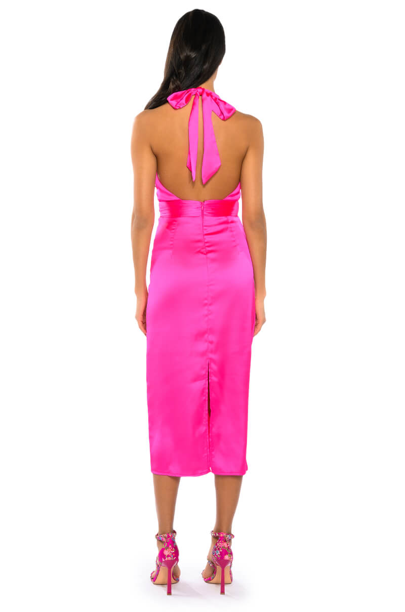 SERENDIPITY SATIN HALTER NECK MIDI DRESS
