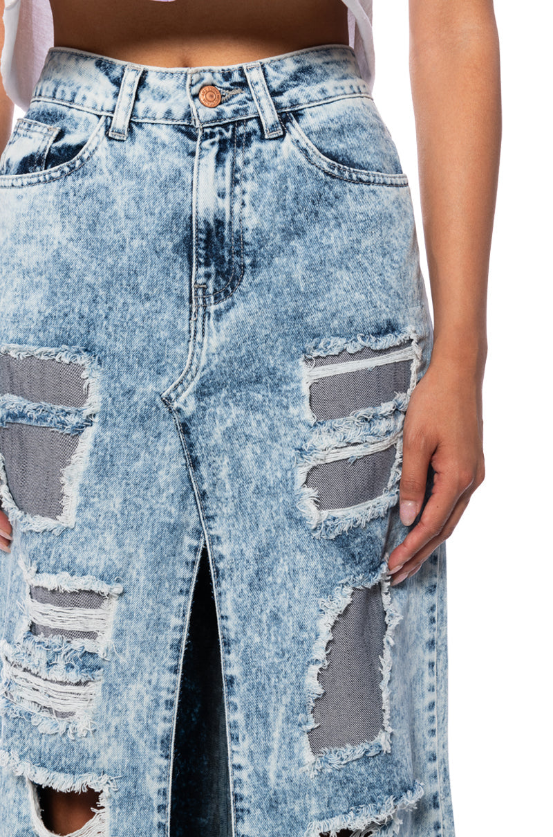 YOUR NEW FAVORITE DISTRESSED FLARED JEAN MIDI SKIRT