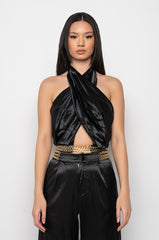 SIL VOUS PLAIT CHAIN DETAIL CROPPED HALTER BLOUSE
