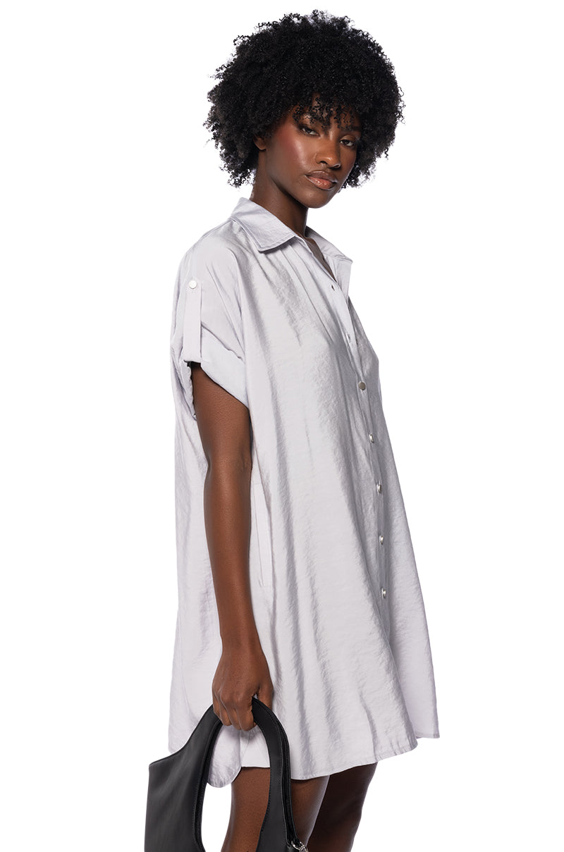 SOLANA BUTTON DOWN MINI SHIRT DRESS IN LIGHT GREY