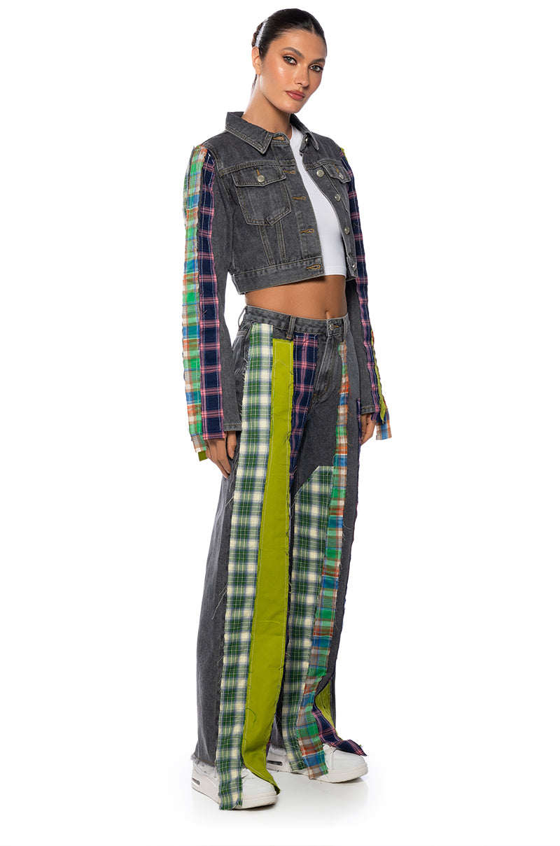SOMETHIN NEW PLAID DETAIL WIDE LEG JEAN