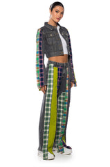 SOMETHIN NEW PLAID DETAIL WIDE LEG JEAN