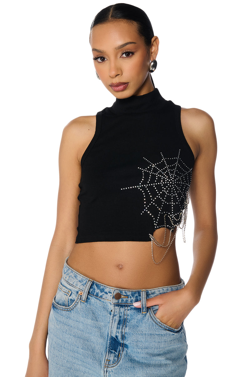 SPIDER WEBS MOCK NECK EMBELLISHED CROPPED TANK