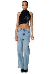 SPIDER WEBS MOCK NECK EMBELLISHED CROPPED TANK