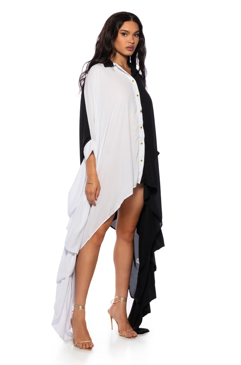 SPLIT DECISION HIGH COLLAR FLOWY MINI DRESS