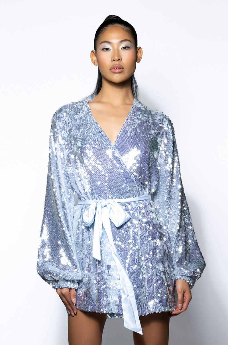 STEP UP TIE FRONT SEQUIN MINI DRESS