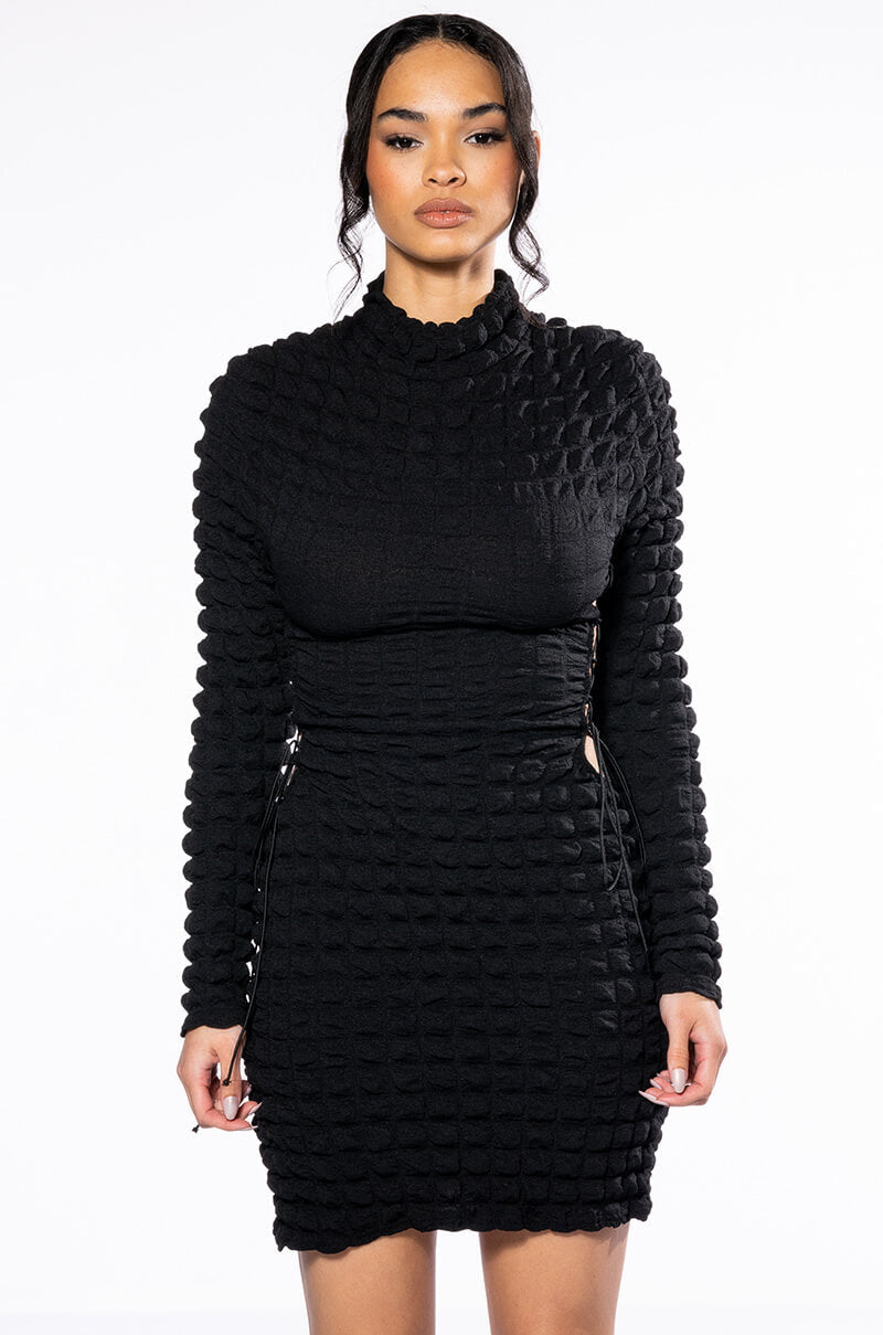 SULTRY LONG SLEEVE MOCK NECK CUT OUT MINI DRESS