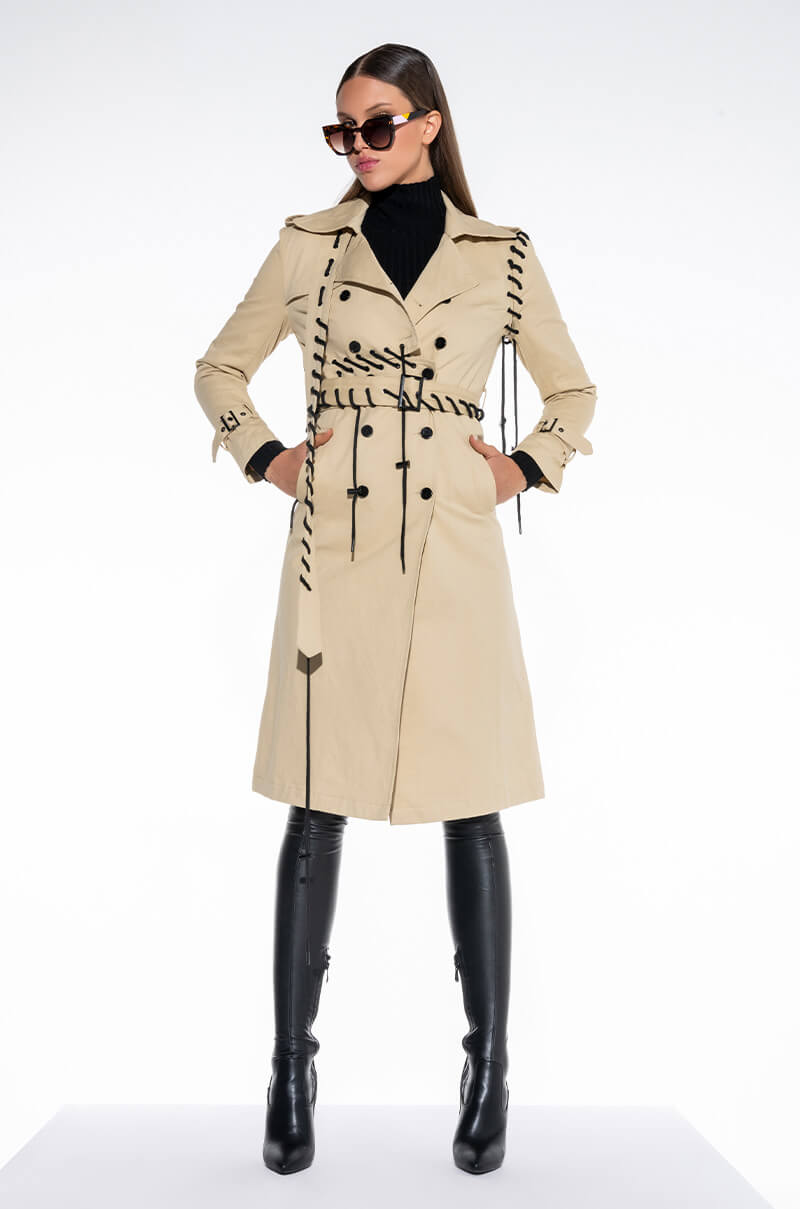 SUPER MODEL VIBES LACE UP TRENCH COAT