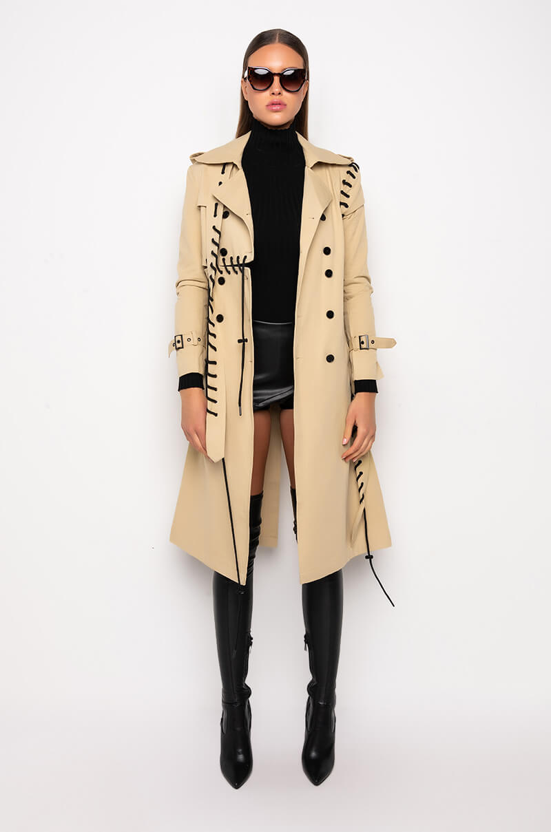 SUPER MODEL VIBES LACE UP TRENCH COAT