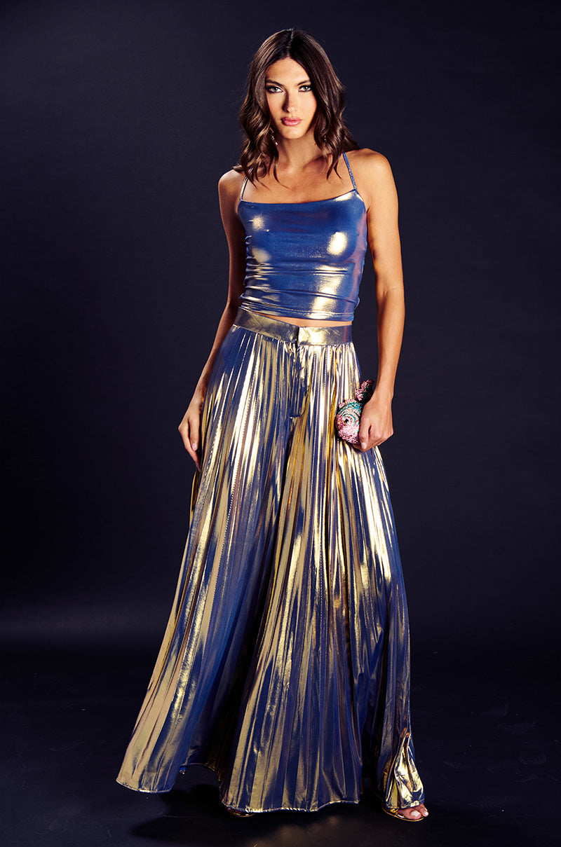 SWEET BUT SAVAGE PLEATED METALLIC PALAZZO PANT