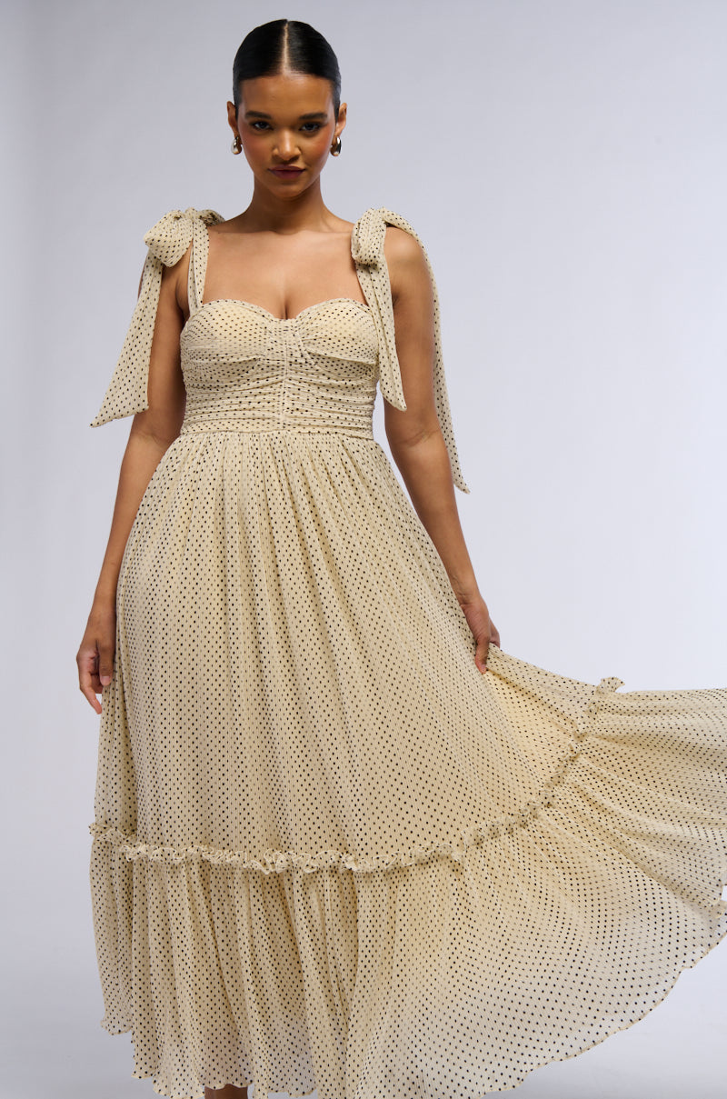 SWEETEST DREAM POLKA DOT TIE SHOULDER MIDI DRESS