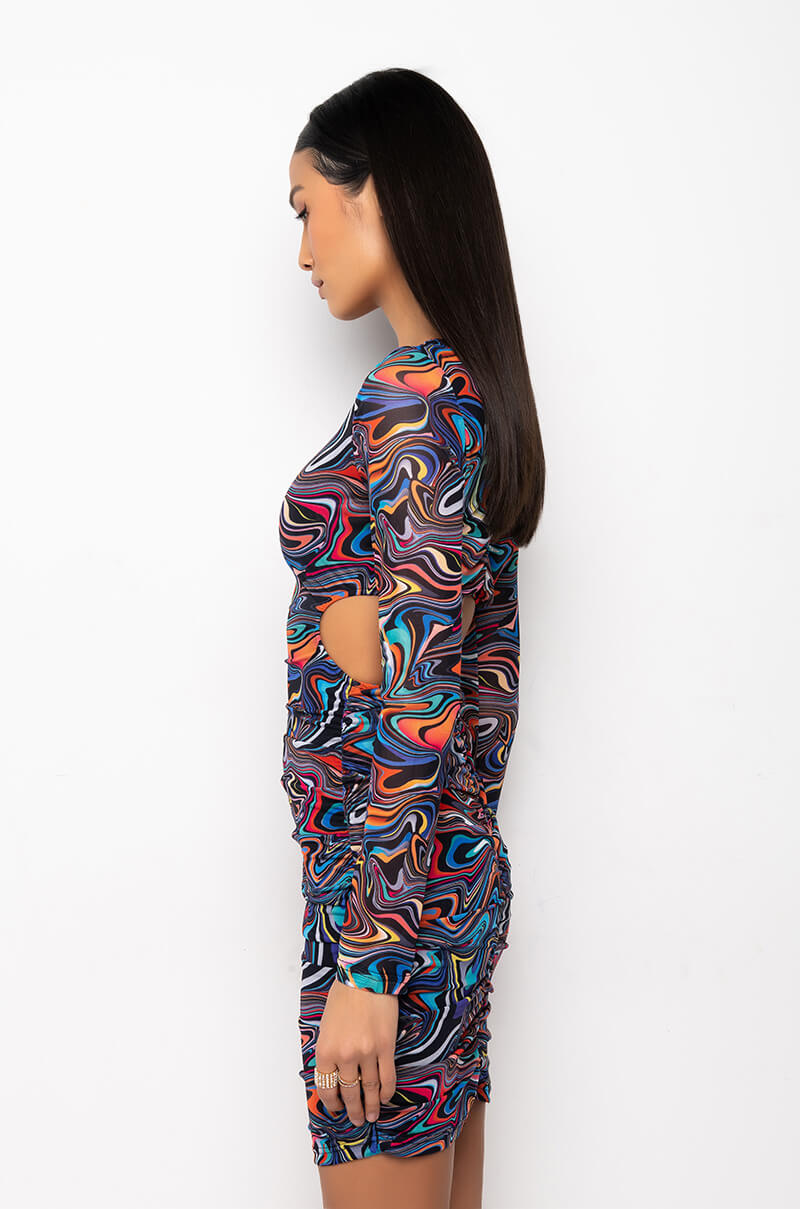 SWIRL PRINT MESH OPEN BACK MIDI DRESS