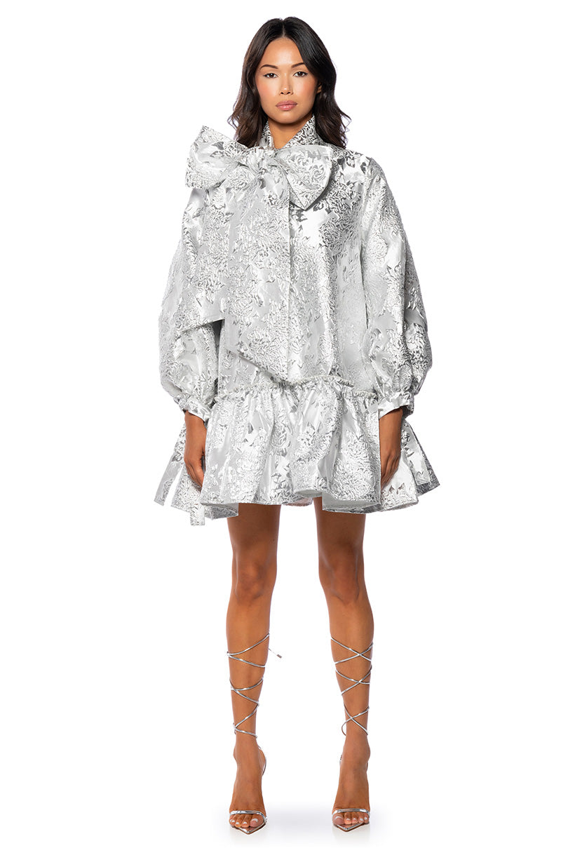 TAKE A BOW BROCADE MINI DRESS