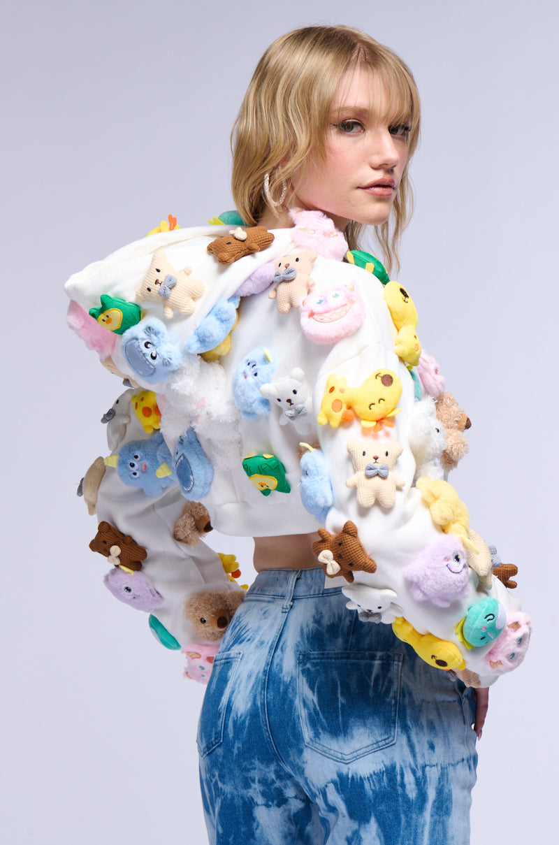 TEDDY BEAR GIRL CROPPED APPLIQUE SWEATSHIRT