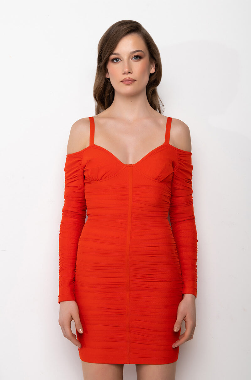 THINKING ABOUT YA OFF THE SHOULDER MINI RUCHED DRESS