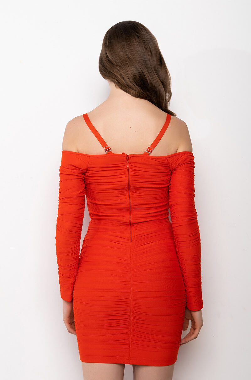THINKING ABOUT YA OFF THE SHOULDER MINI RUCHED DRESS