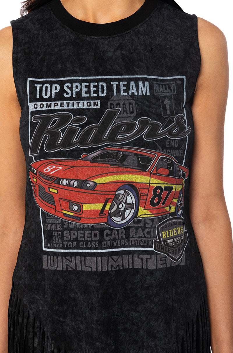 TOP SPEED SLEEVELESS FRINGE GRAPHIC TEE
