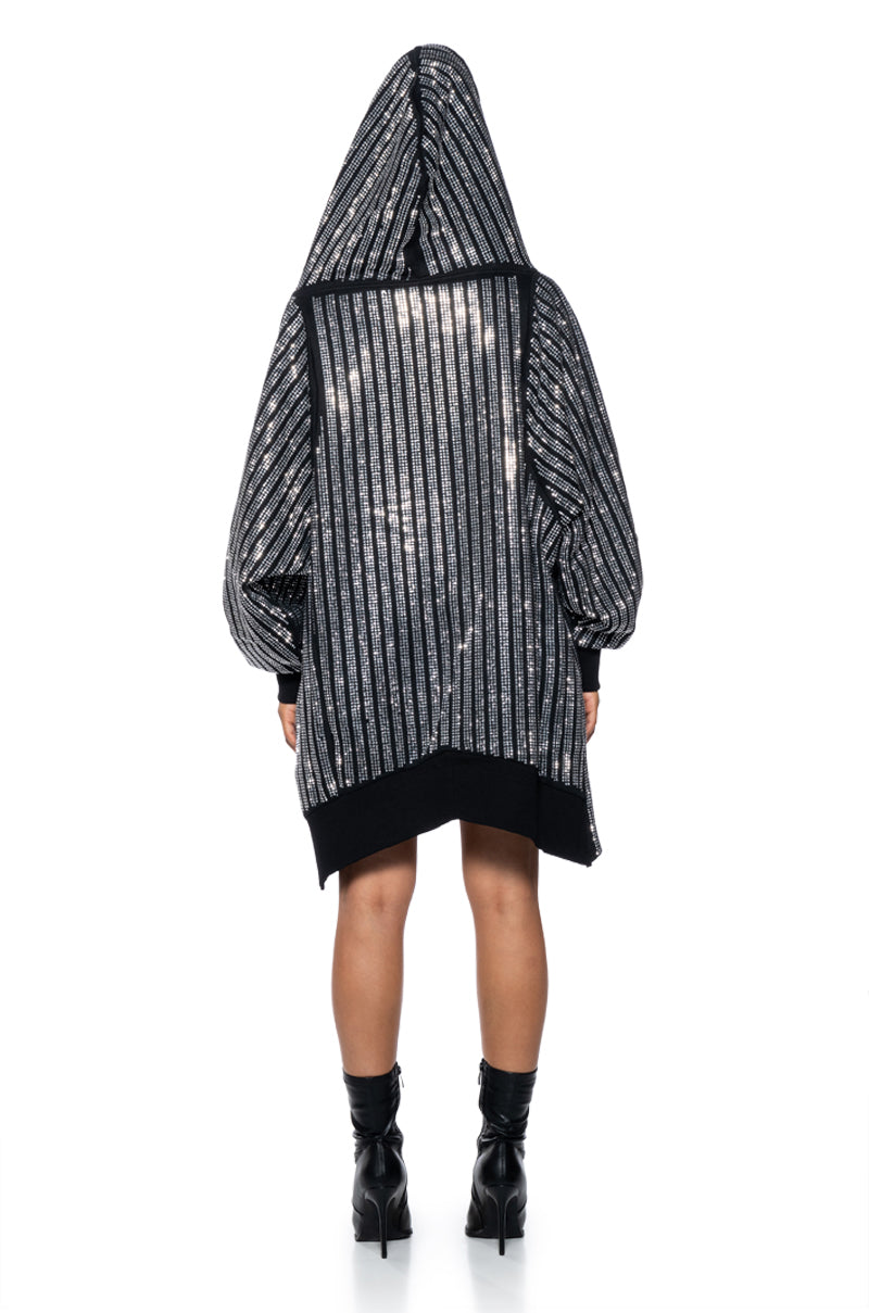 TRES CHIC PASSPORT OVERSIZE HOODED RHINESTONE ZIP UP JACKET