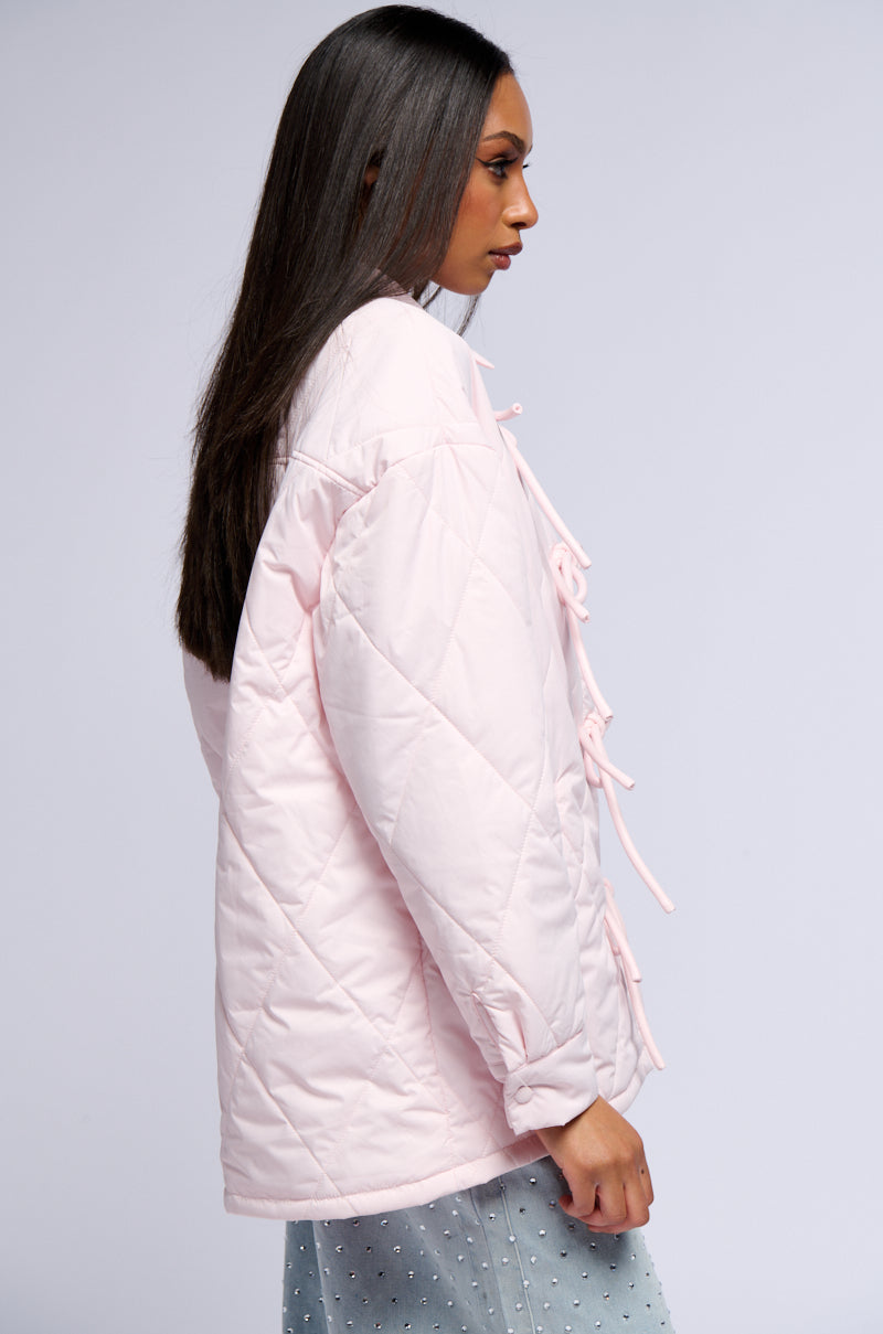 TRIBECCA PALE PINK QUILTED BOMBER WITH BOWS