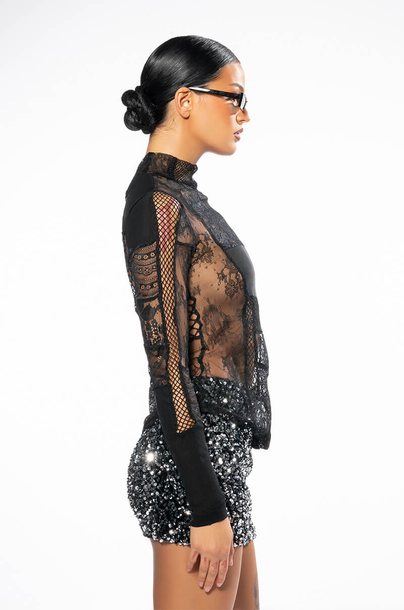 TRUST ISSUES LONG SLEEVE MOCK NECK PATCHWORK TOP
