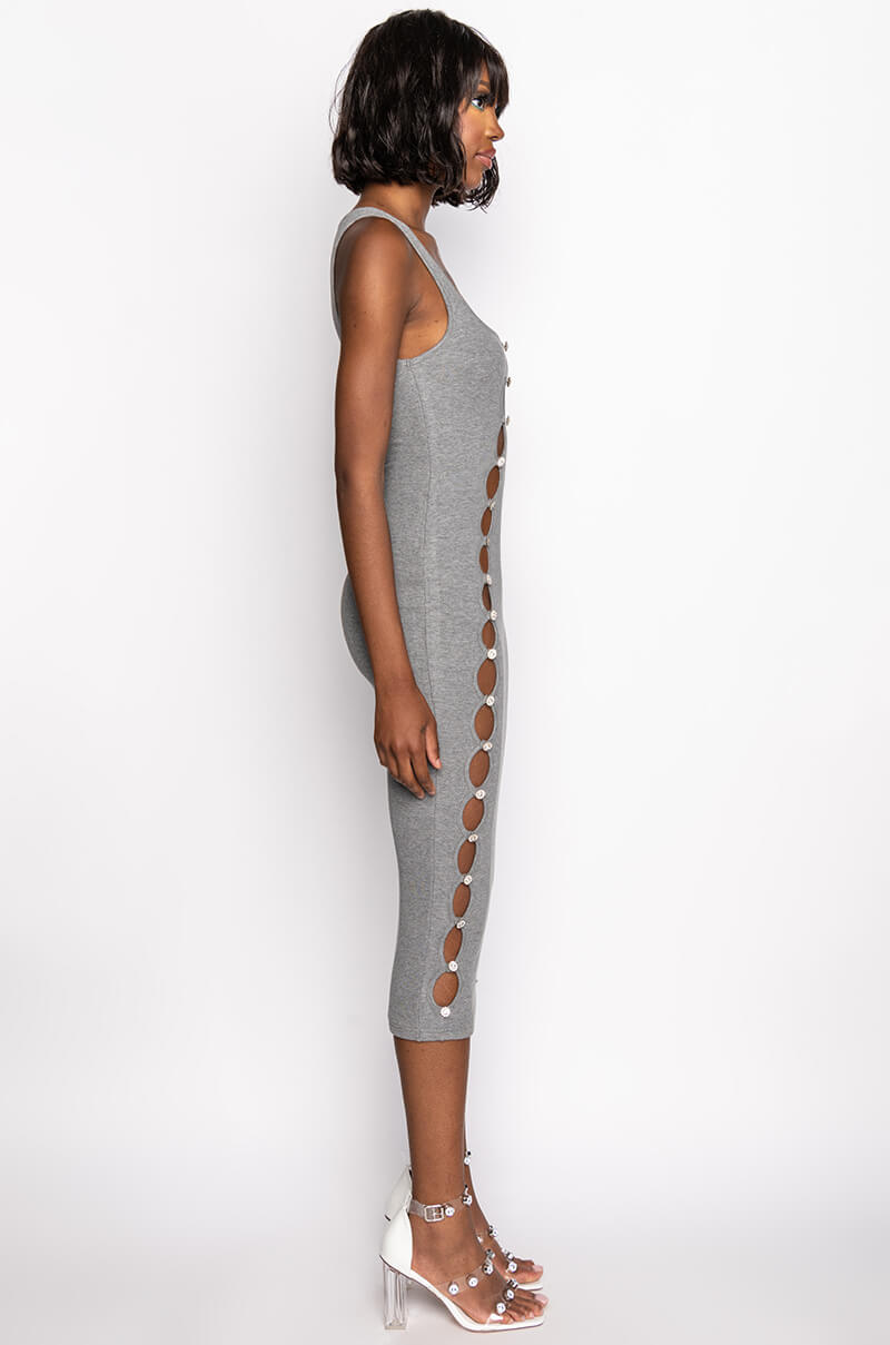 TULUM CUT OUT RHINESTONE RIBBED MIDI DRESS