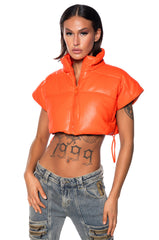 ULTRA CROP PU VEST WITH PULL STRINGS IN OLIVE
