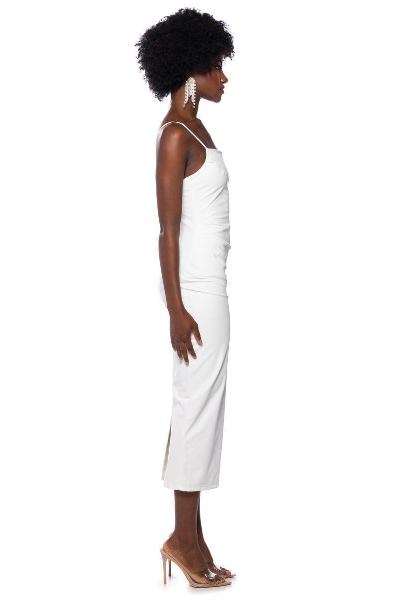 UP TO NO GOOD SLEEVELESS FAUX LEATHER MIDI DRESS