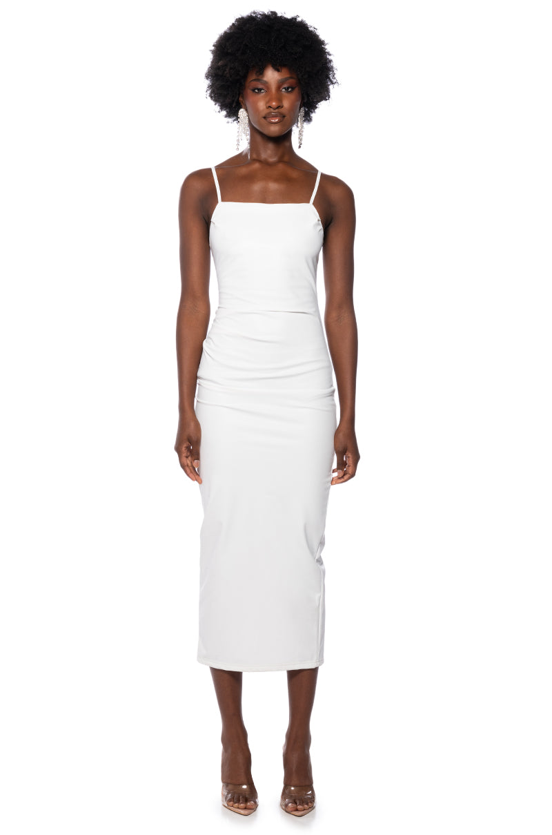 UP TO NO GOOD SLEEVELESS FAUX LEATHER MIDI DRESS