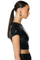 VALENTINA SHORT SLEEVE FAUX LEATHER CROP SHIRT