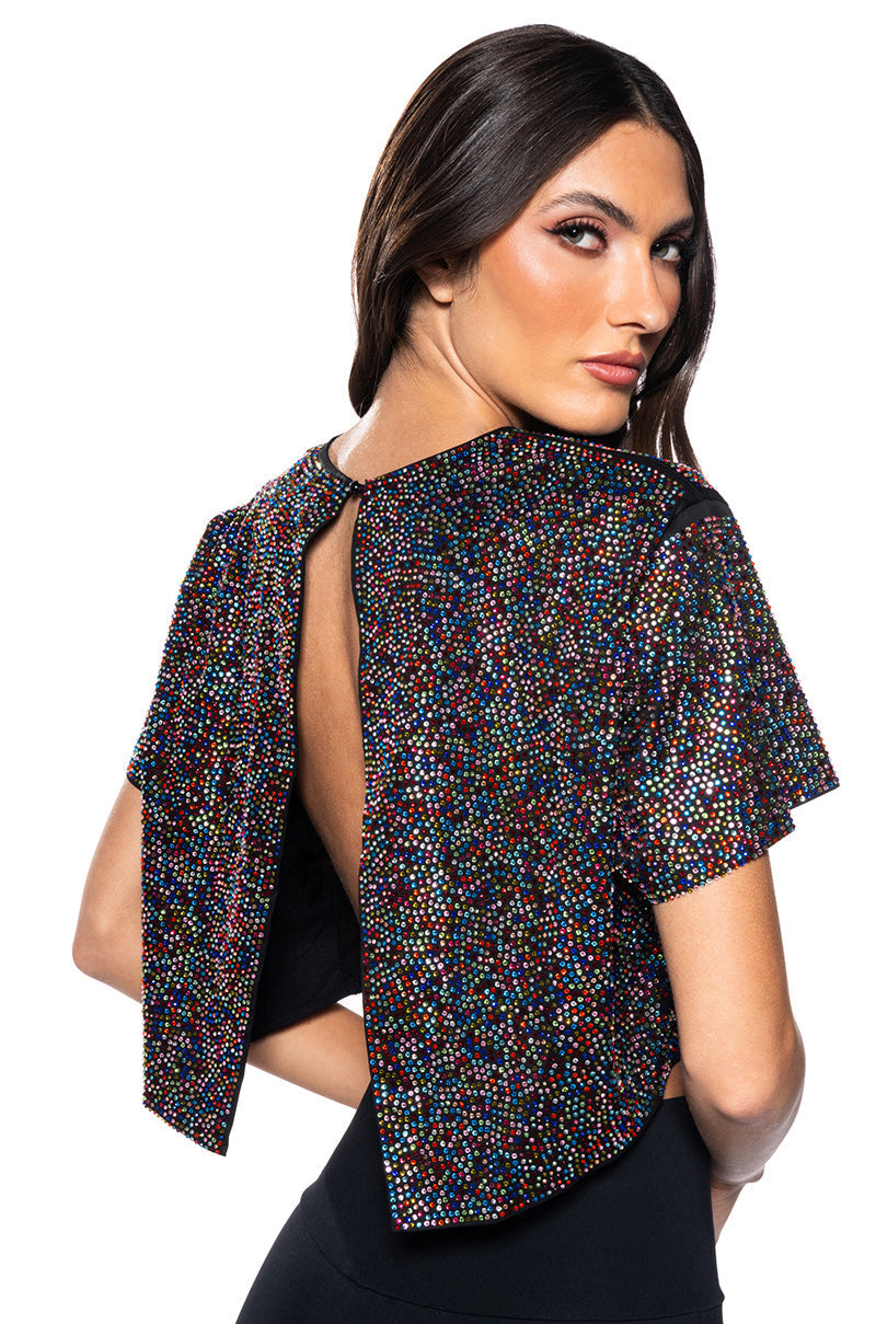 WONDERLUST RHINESTONE EMBELLISHED OPEN BACK T-SHIRT