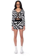 WAVY CHECKERED TIE FRONT CROPPED SWEATER