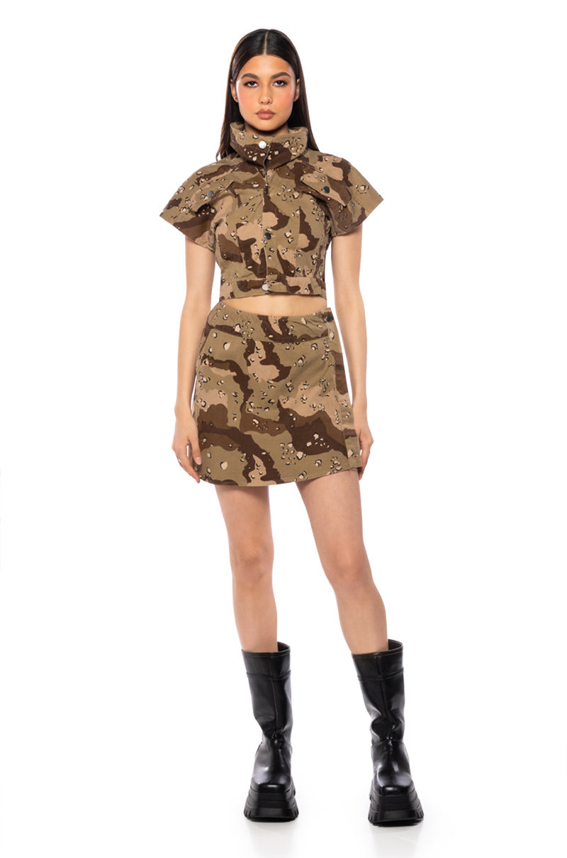 WE RIDE CAMO BUTTON DOWN AND MINI SKIRT SET IN BROWN