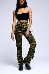 WOOD CAMO HIGH RISE STACKED PANTS