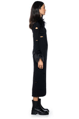 ZOE DISTRESSED FAUX FUR DETAIL MAXI CARDIGAN