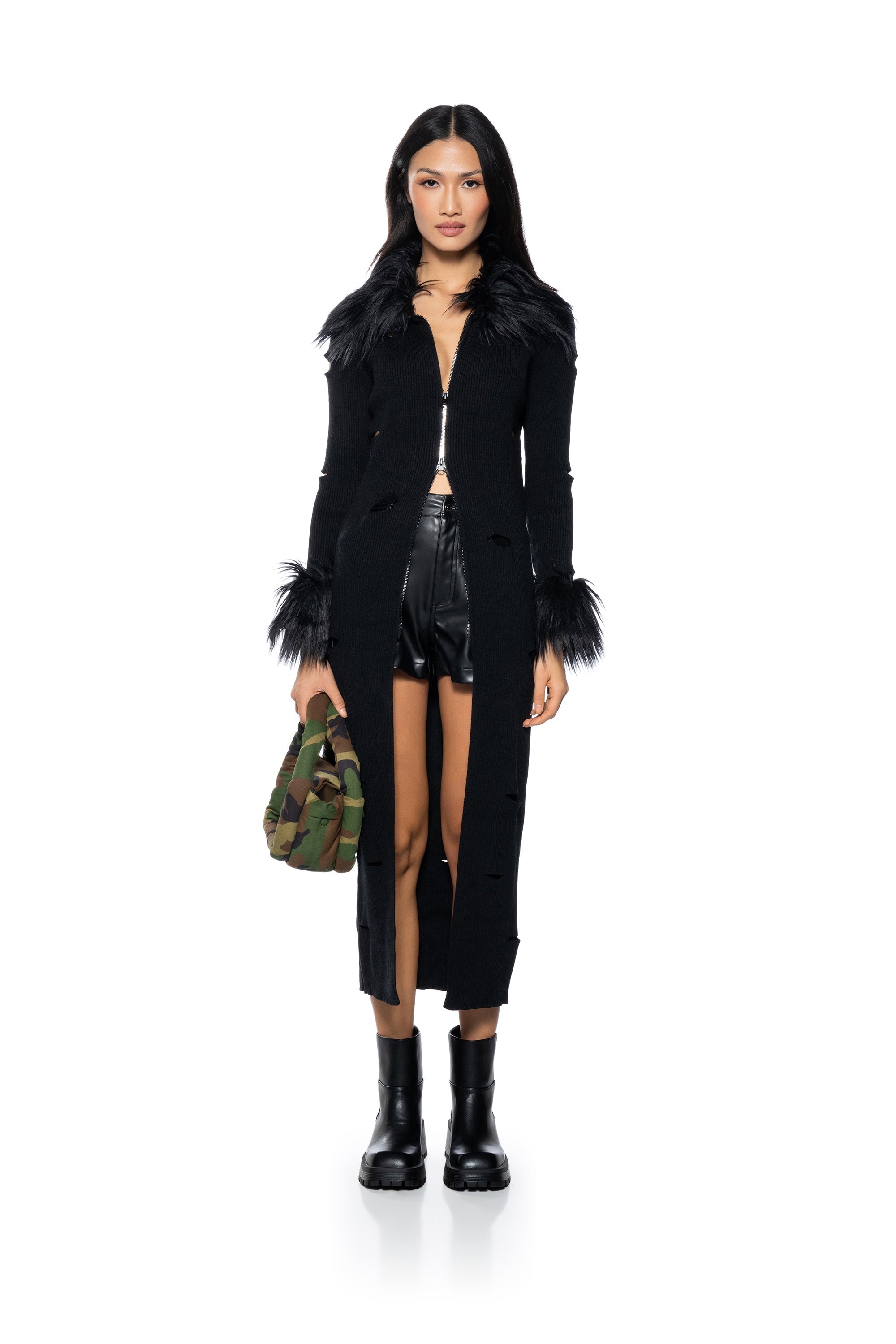 ZOE DISTRESSED FAUX FUR DETAIL MAXI CARDIGAN